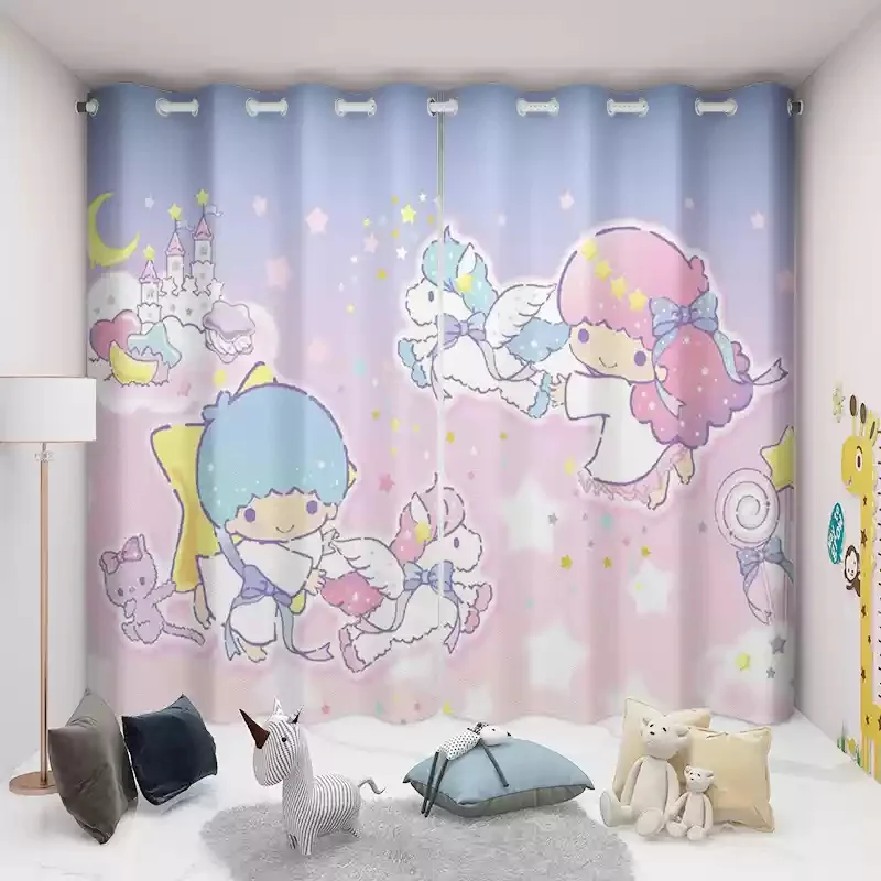 

Little Twin Stars Curtains Cartoon Blackout Girl Kids Room Decor Bedroom Living Room Cute Grommet Punch-free Short Curtains