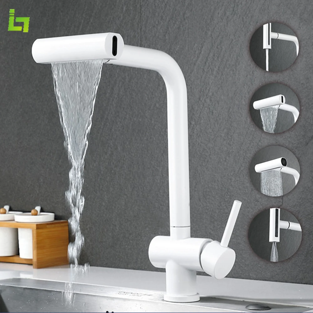 

Waterfall White Kitchen Faucet 360 ° Rotation Cold and Hot Deck Mounted Pull Out Sink Multiple Water Outlet Methods Tap