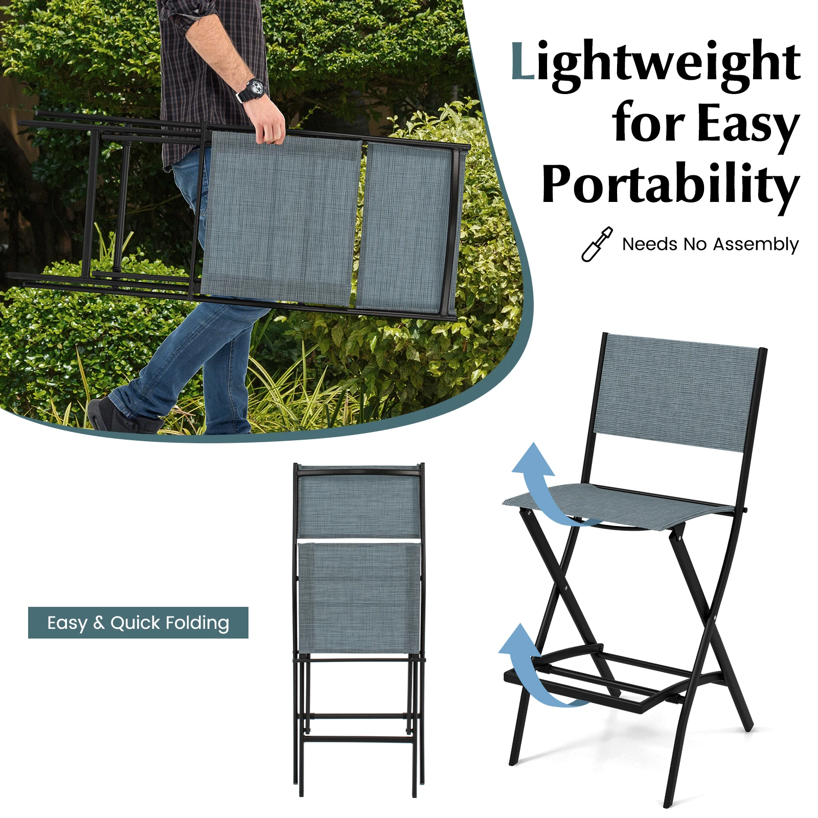 Set of 2 Outdoor Bar Stools, Folding Bar Chairs with Backrest and Footrest, Counter Stools up to 150 kg, Seat Height 71 cm