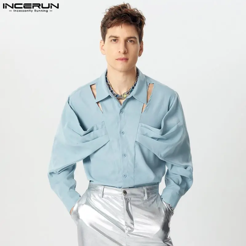 

INCERUN Men Autumn New Shirts Lapel Collar Hollow Out Solid Color Bow Knot Ruffled Long Sleeve Blouse Office Streetwear Tops