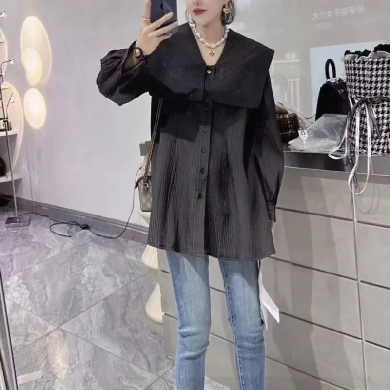 Office Lady Sailor Collar Shirt Korean Loose Spring Autumn Sashes Commute Female Clothing Single-breasted Casual Basic Blouse