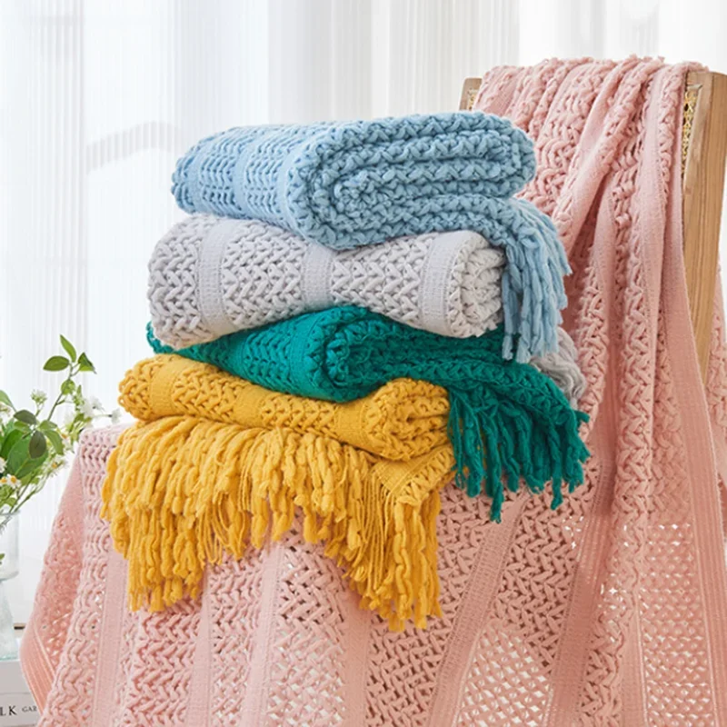 Nordic Solid Color Knitted Cozy Tassels Blanket Multi Functional Sofa Cover for Homestay Hotels Soft Hollowed-Out Bed End Towel