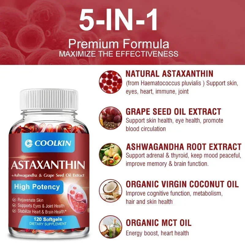 Astaxanthin 24 มก. - Ashwagandha - ส่งเสริมสุขภาพของหัวใจและเร่งการเผาผลาญสนับสนุนสุขภาพตา ข้อต่อ และผิวหนัง