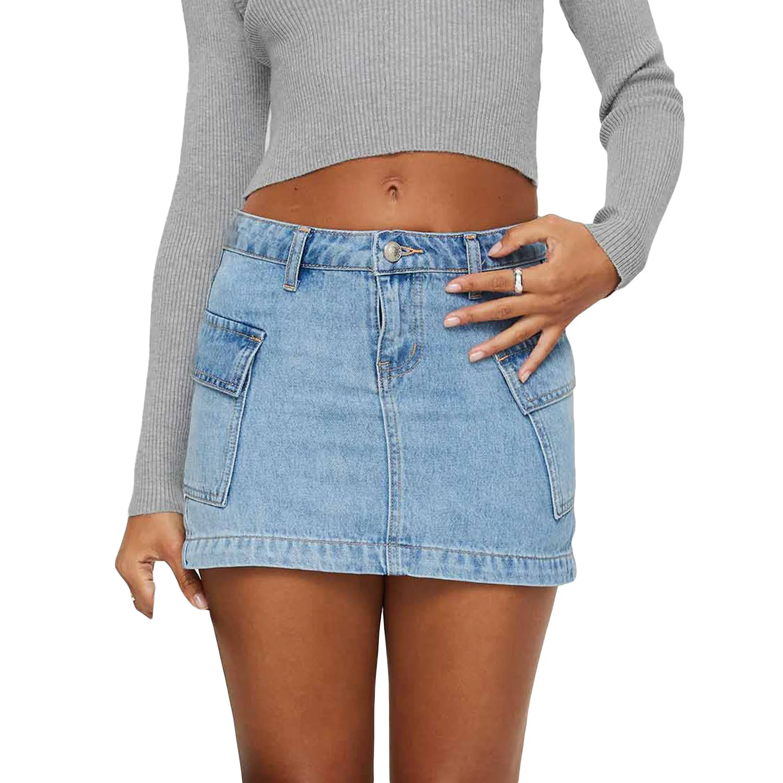 Womens Harajuku Cargo Denim Skirts Solid Color High Waist Mini Jean Skirts with Pockets Casual American Retro Grunge Streetwear