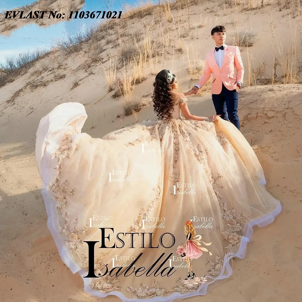 EVLAST Champagne Beaded Crystal Mexican Quinceanera Dress Ball Gown Off Shoulder 3D Floral Lace Corset Vestidos De XV Anos SQ304