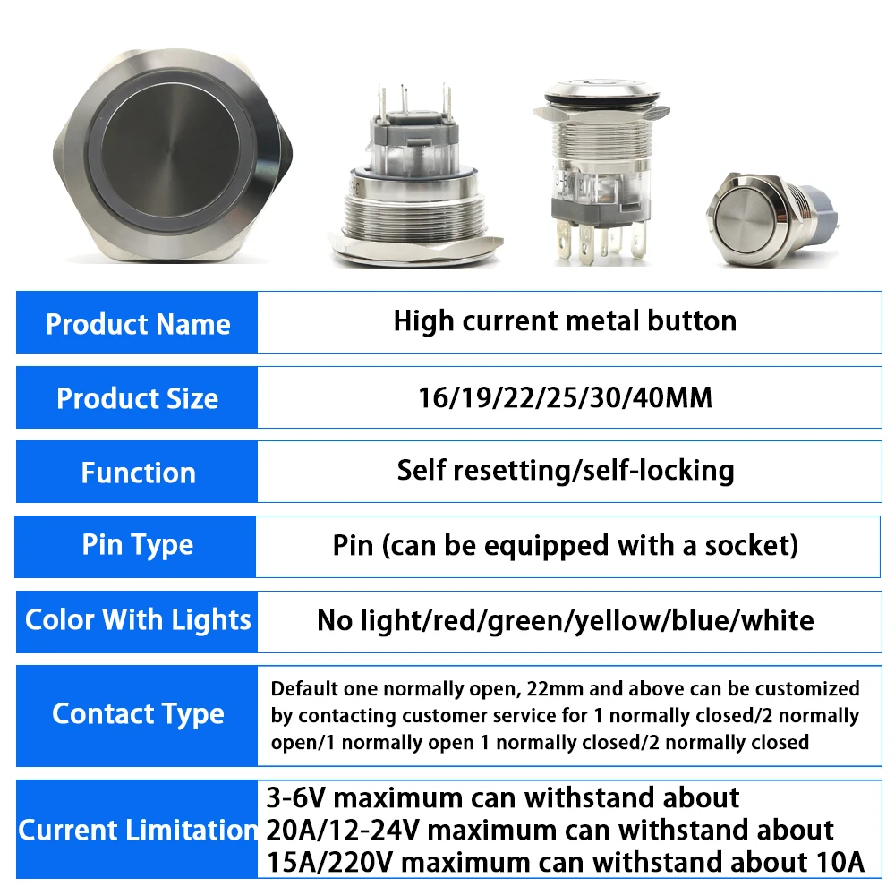 15A 1NO High Current Metal Push Button 16/19/22/25MM Self-Locking Reset LED Power Switch with Light High Power Silver Contact