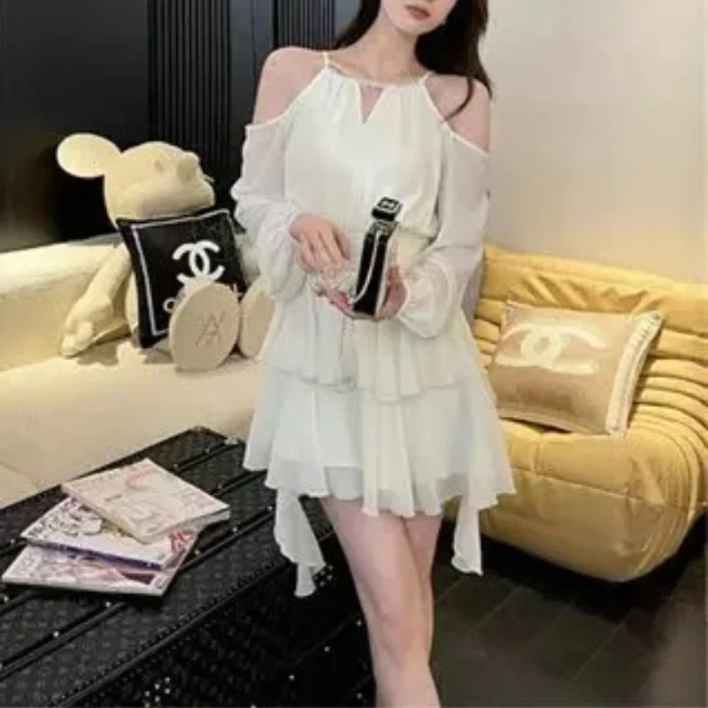 

French 2025 Waist Cinched Short Skirt Lace Trim Apricot New Long Sleeve Chiffon Dress Fairy Autumn Collection Dress fgddgf3