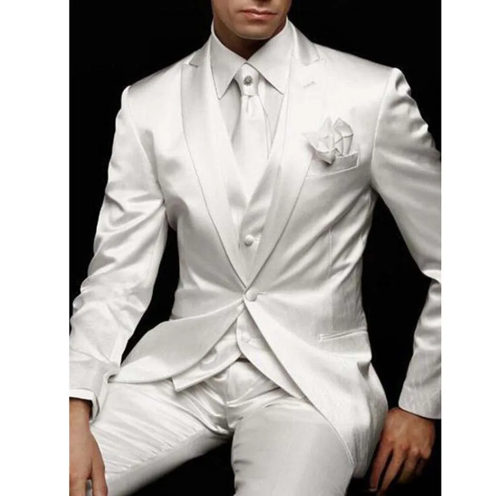 

3 Piece White Satin Wedding Suits for Men 2023 Fashion Peaked Lapel Handsome Groom Tuxedo Business Party Male Suit Slim Fit