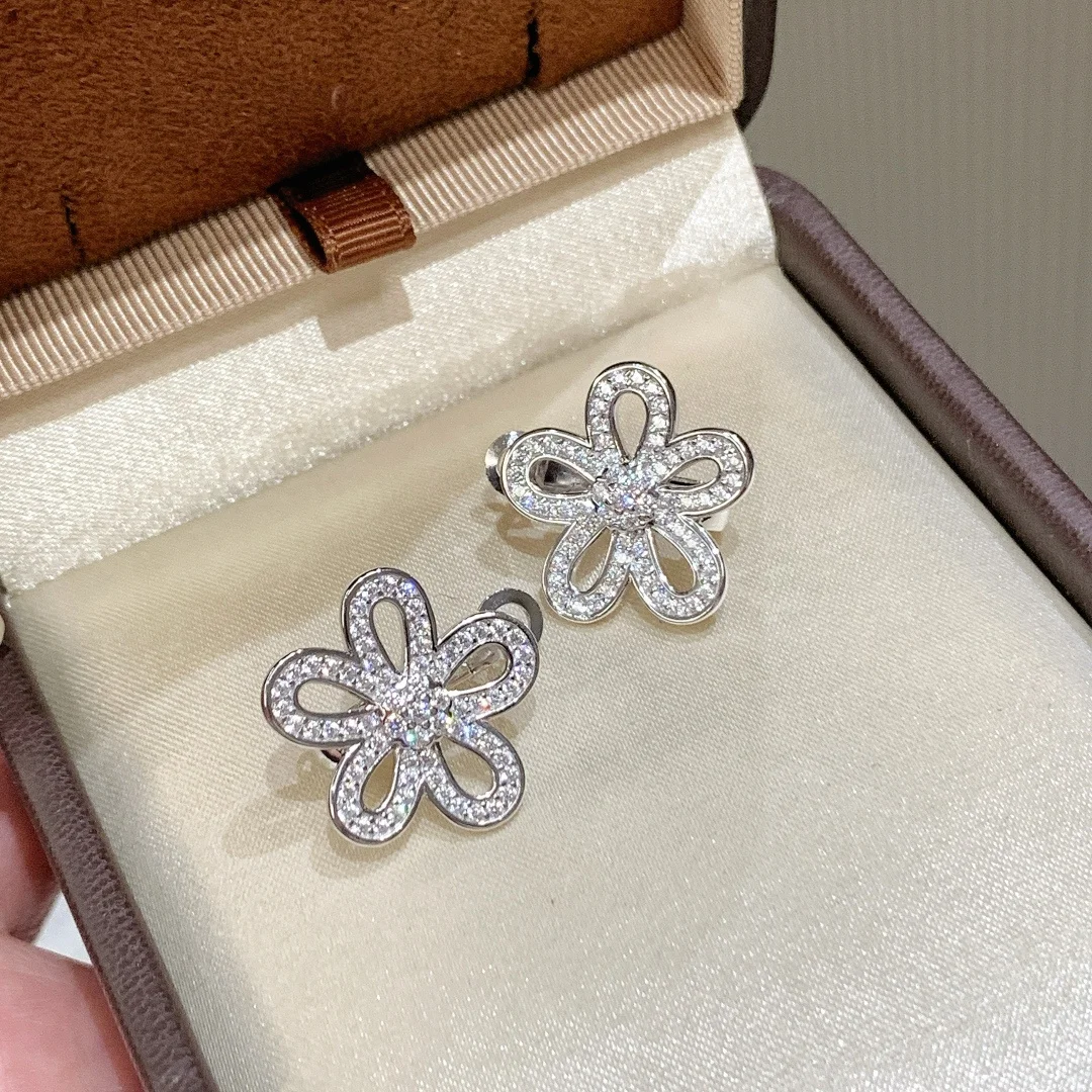 KQDANCE Luxury Classic 925 Sterling Silver Flowers Stud Earrings With Full Zircons Fine Jewelry Women Festival Gift
