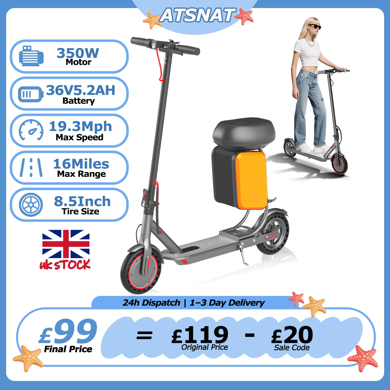 ATSANT i60XB Electric Scooter with AOVOPRO Electric EScooter with Seat Storage Bag 350W Powerful Motor 36V 16Miles Long Range 19.3Mph 8.5Inch Kick Scooter with App