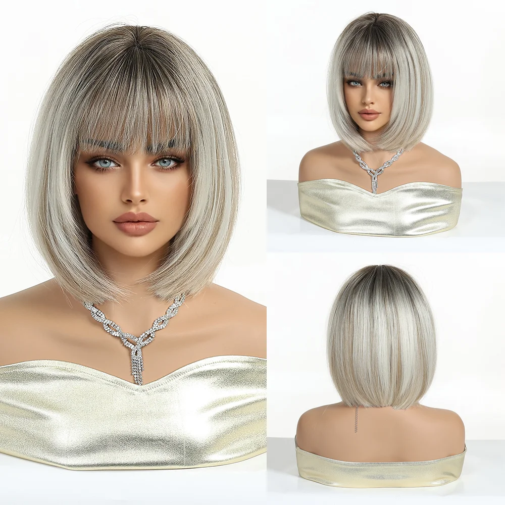 วิกผมบ๊อบสั้นตรงแบบสังเคราะห์คุณภาพสูง ขนาด 10 นิ้ว พร้อมหน้าม้า ทนความร้อนได้ดี เหมาะสำหรับผู้หญิง ใช้ได้ทุกวันและงานปาร์ตี้