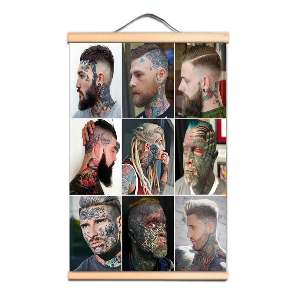 

Full Face Tattoo Hairstyle Art Poster Wall Chart For Barber Shop - Vintage Wooden Canvas Scroll Painting Wall Hangings Decor