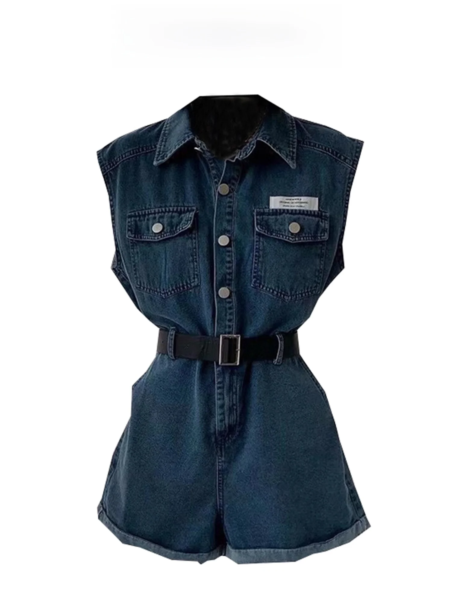 High Waist American Retro Hot Girl Workwear Blue Dress Pants Summer Women's Denim Vest Jumpsuit Shorts Straight Leg Short Pants