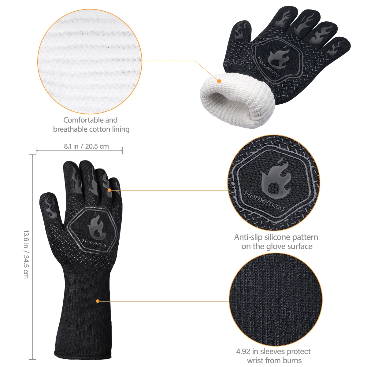 HOMEMAXS Par de manoplas para horno resistentes al calor inferiores a 800 ℃   Guantes protectores para asar barbacoa y silicona de algodón (negro, rojo)