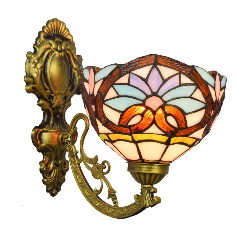 

Tiffany stained glass retro mirror headlight American pastoral bedside aisle sun flower glazed wall lamp