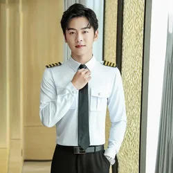 New Arrivals Mens Long Sleeve White Airline Pilot Uniforms Hair Stylist Fashion Slim Fit Black Workwear Big Size Men Clothing