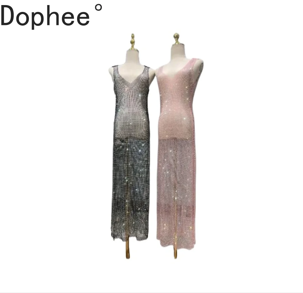 

Blingbling Hot Drilling Lady Party Formal Dress Sexy Perspective Mesh Diamonds Deep V-neck Long Summer Women Sleeveless Dresses