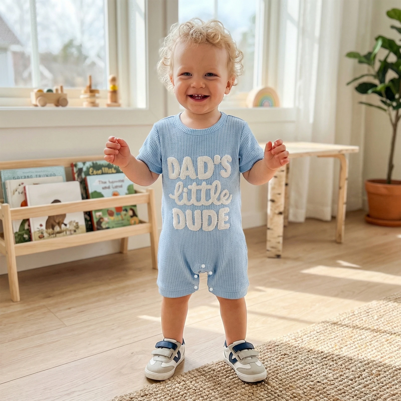 Newborn Baby Boy Summer Waffle Jumpsuit Letter Embroidered Short Sleeve Crew Neck Casual Romper
