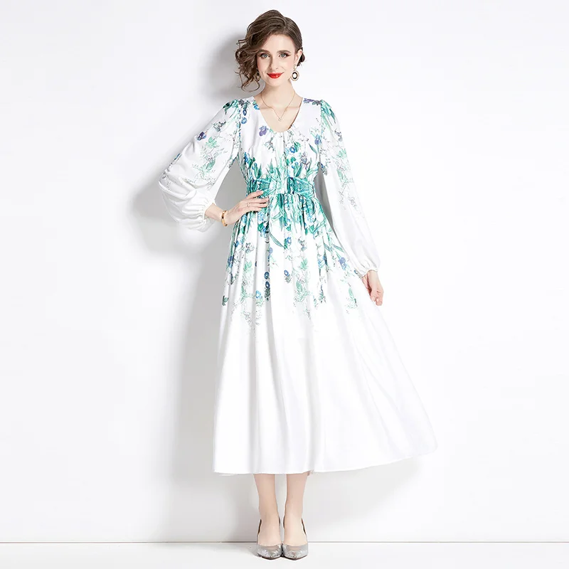 

Runway Fashion Spring Flower Dress for Women Bohemian Floral Print Long Sleeve Robe Longue Femme Party Maxi Vestido 6551