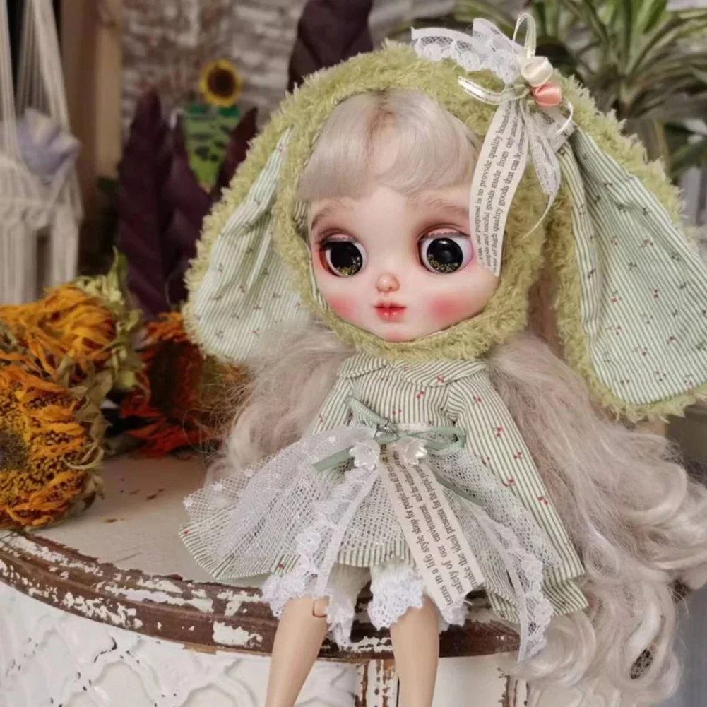 Boneca artesanal saia vestido com orelha grande chapéu de coelho boneca vestido estampado floral para blythes ymy licca azones ob24 ob27 fr boneca