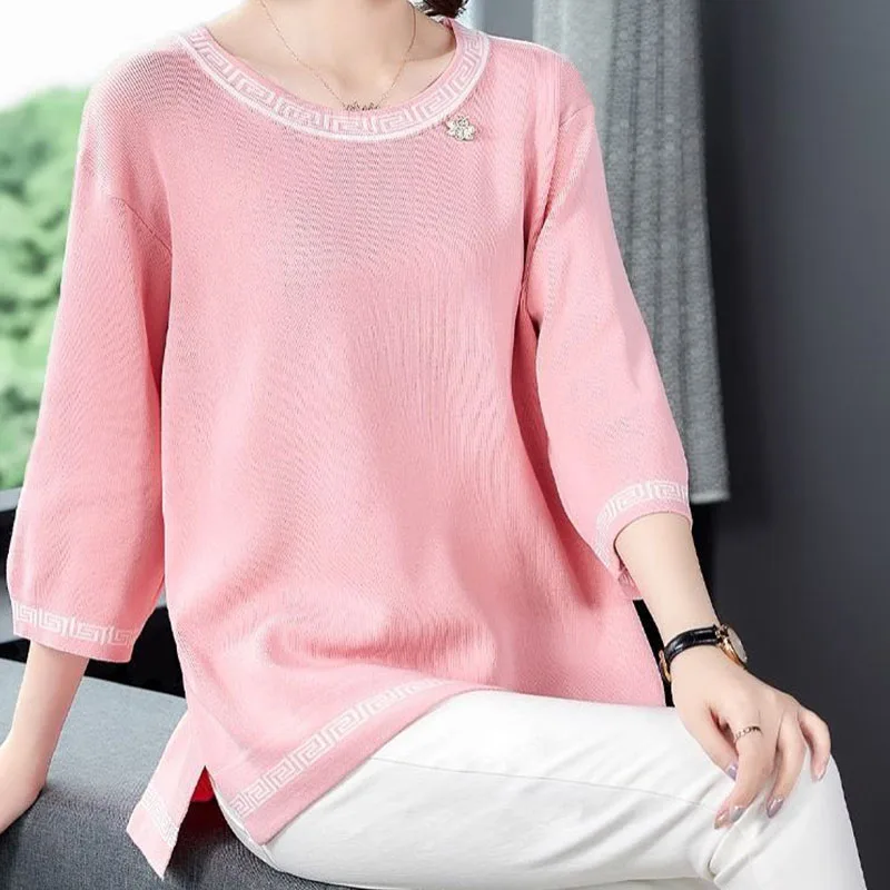 Korean Fashion Women Clothing 3/4 Sleeve T-shirt Elegant Vintage Spring Summer Big Size Loose Pullover Oversized Casual Midi Top