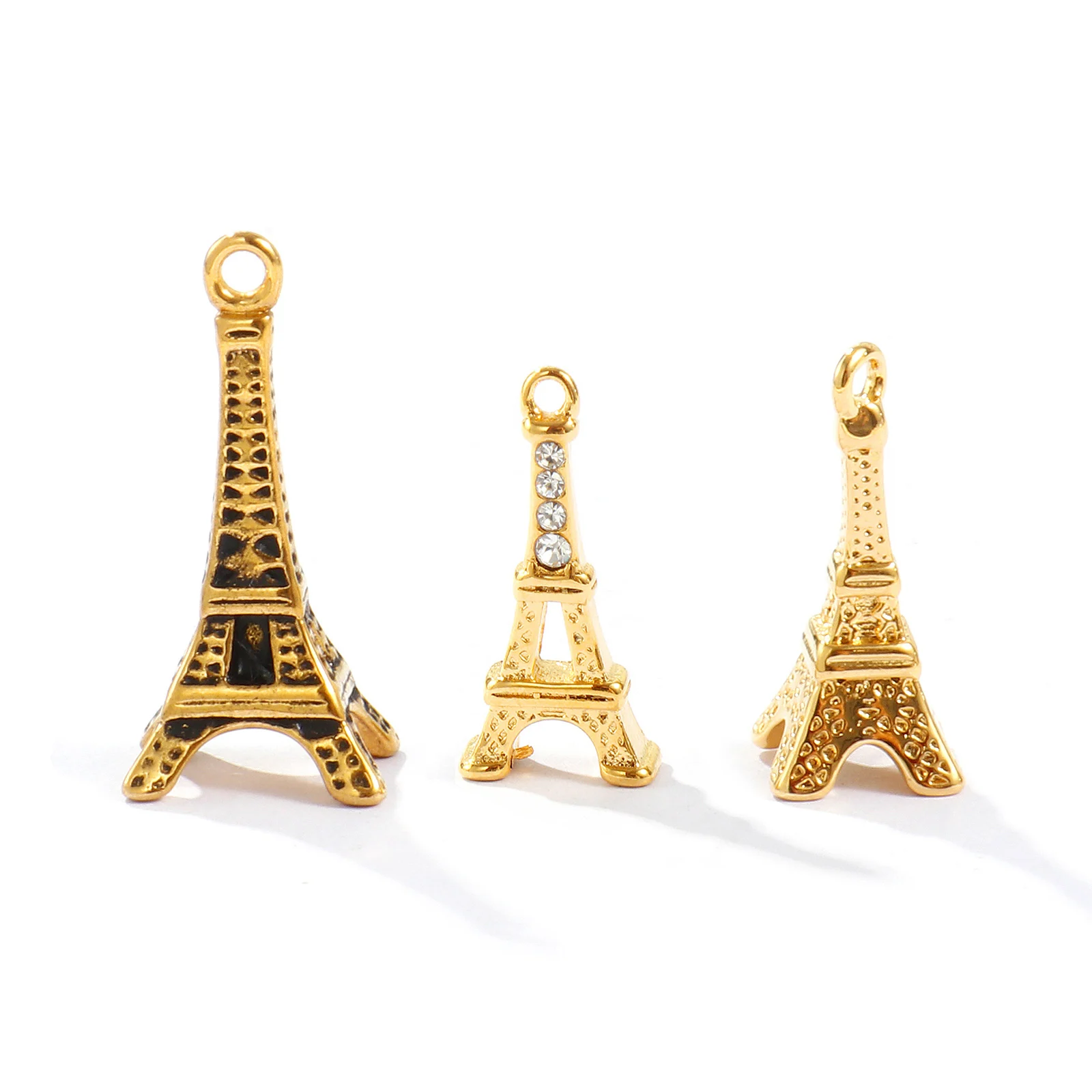 1pc New Stainless Steel Travel Charms 18K Gold Plated Paris Tower Aircraft Black Enamel Rhinestone Pendant DIY Necklace Jewelry