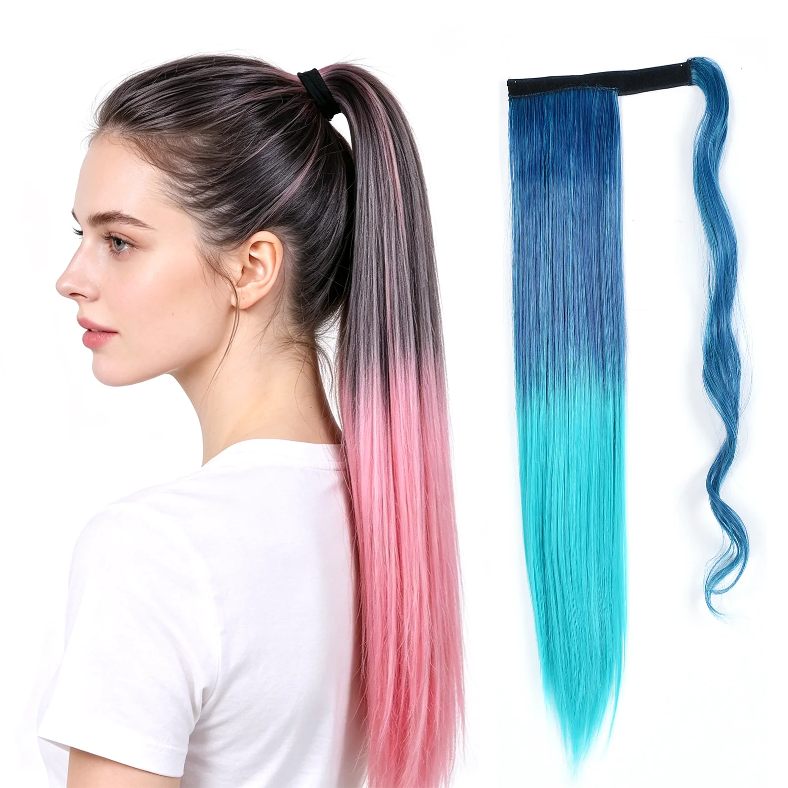 

Jeedou Ponytail Hair Extension Rainbow Ombre Color Colorful Wrap Around Ponytails Straight Synthetic Hairpiece For Woman Ladies