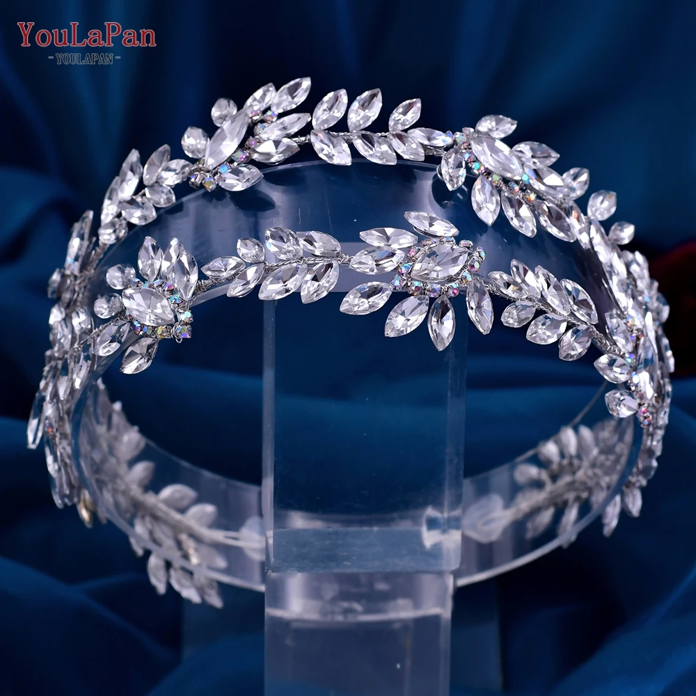 YouLaPan Crystal Bride Headband Floral Wedding Hair Accessories Queen Crown Bridal Tiara Headdress Handmade Headwear HP450