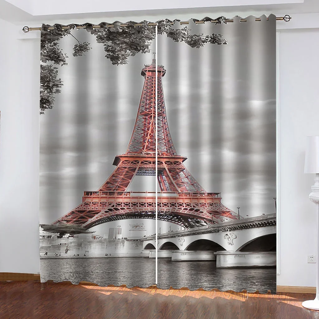 Cheap Two Paris Drape Eiffel Tower Bridge Capital City Thin Window Curtains for Living Room Bedroom Decor 2 Pieces Free Shipping