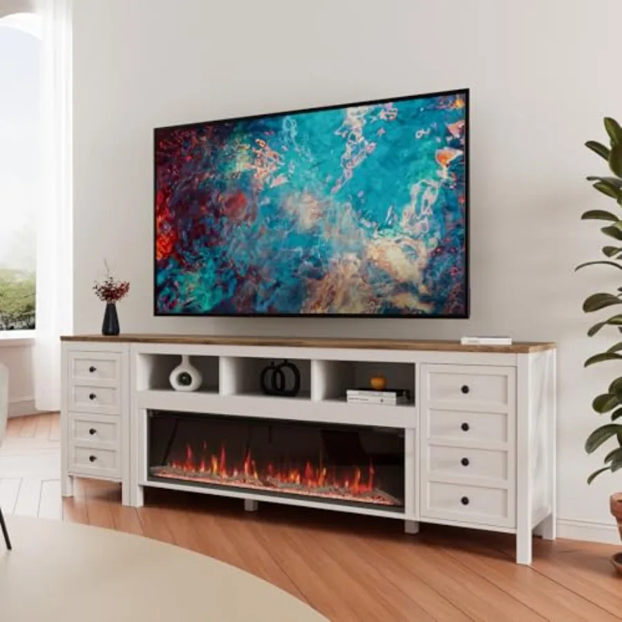 Suporte de TV com lareira de 83 polegadas para TVs de até 95 polegadasCentro de entretenimento moderno com 50 lareiras elétricas Console de TV branco com St