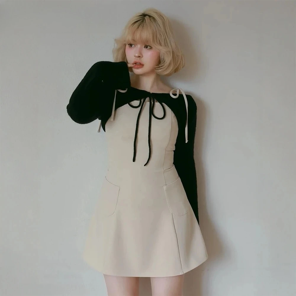 

High Waist Slimming Suspender Dress + Long Sleeve Knitted Cardigan Suit Pure Desire Wind Sweet Cute Girl Knitted Mini Dress