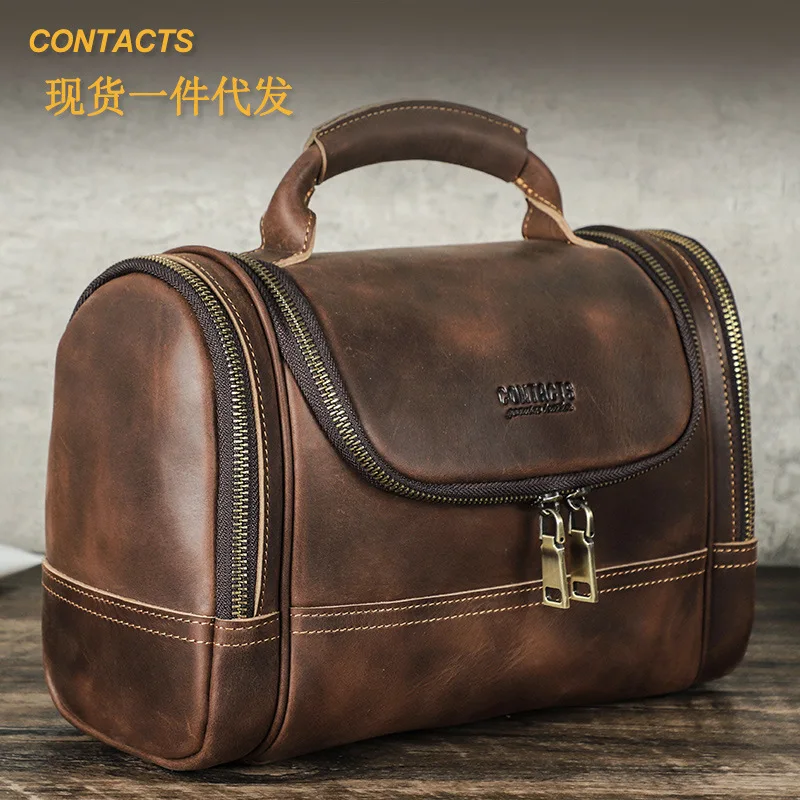 HTS-MC1043 Retro Crazy Horse Leather Multi Zipper Handheld Toilet Bag with Large Capacity and Trendy Makeup Storage Bag