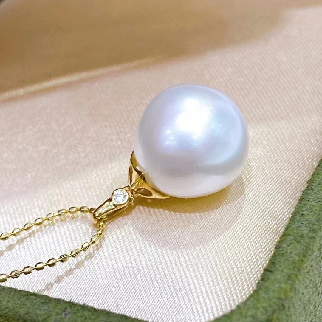 

D2023 Fine Jewelry Solid 18K Yellow Gold Round 12mm Australia Sea Salt Water White Pearls Pendants Necklaces for Women