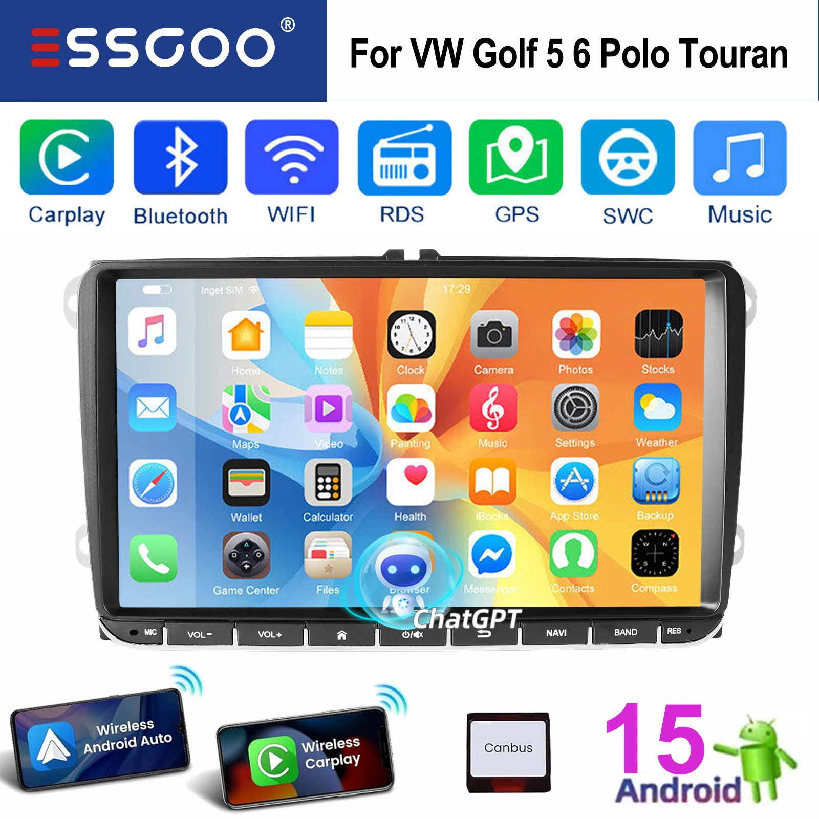 ESSGOO Android 15 9 Zoll IPS Touchscreen Für VW/PASSAT/GOLF/SEAT/SKODA/POLO Wireless Apple Carplay Android Auto Autoradio GPS Navigation Bluetooth FM RDS WIFI Mirror Link USB Lenkradsteuerung