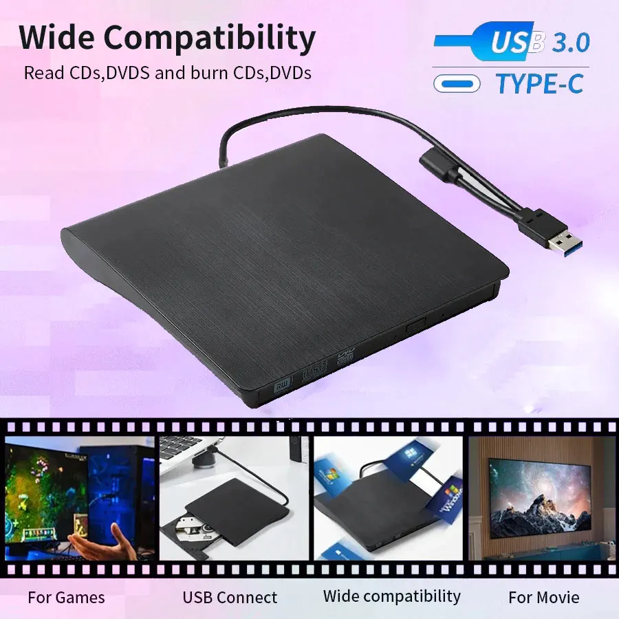 

USB 3.0 Type-C DVD Burner 2-in-1 Slim External Recorder Portable CD-RW DVD-ROM Optical Drives Writer Reader Player For PC Laptop