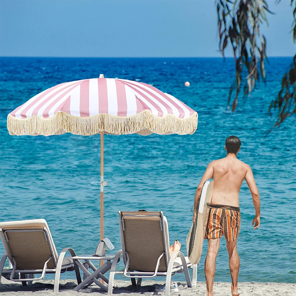 

Полосатый зонт для патио с бахромой, портативный зонт с кисточками и наклонным столбом для балкона, террасы, бассейна, пляжного сада