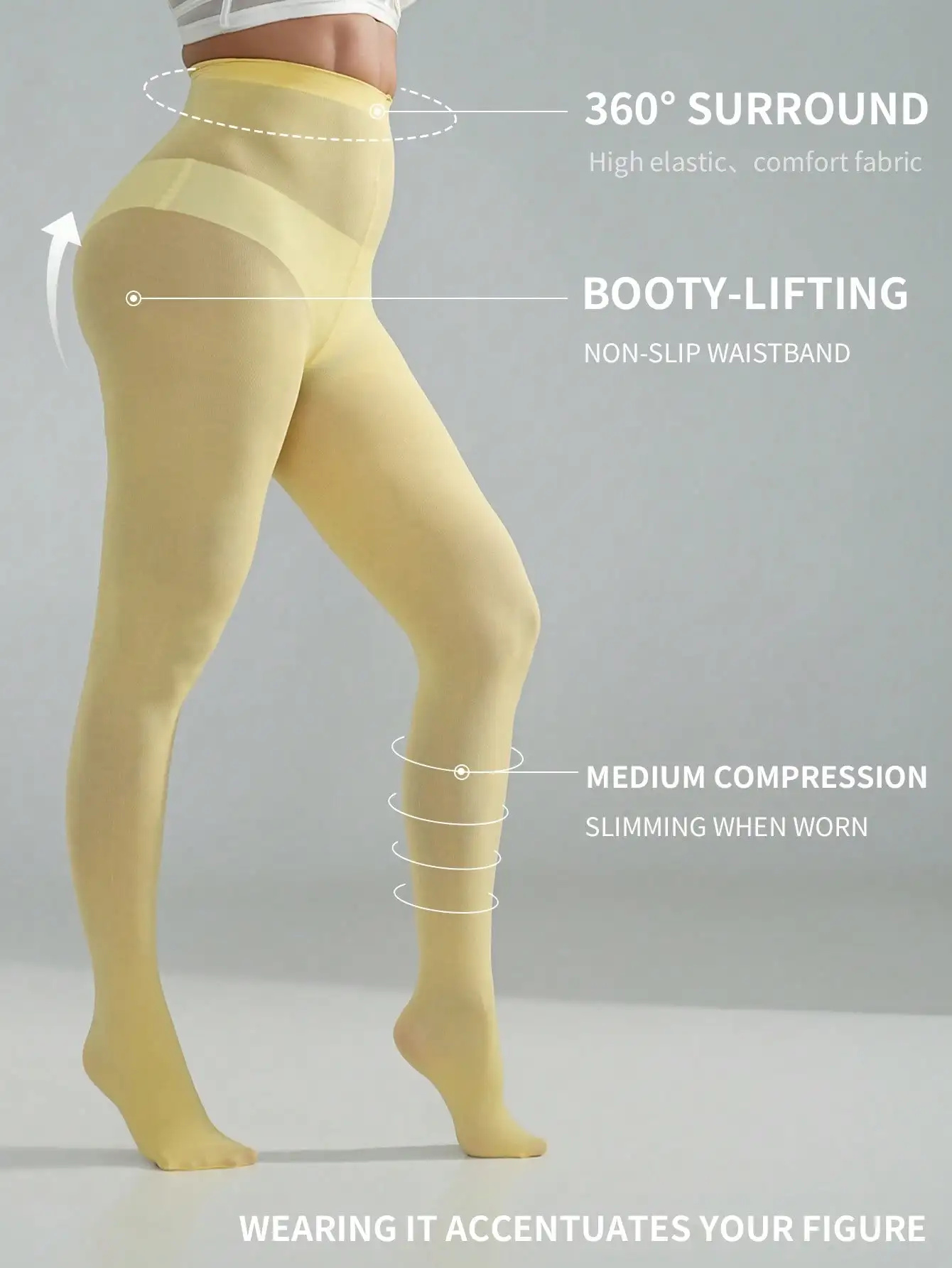 1Pc Light Yellow Medium Compression Shaping Tights 360 Wrap Butt Lifting Non-Slip High Waist Slimming Pantyhose Spring Summer Au