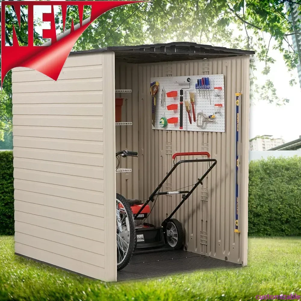 Customizable-Large Vertical Resin Outdoor Storage Shed With Floor (6.2 X 4.6 Ft), Weather Resistant, Beige/Brown, Organization F