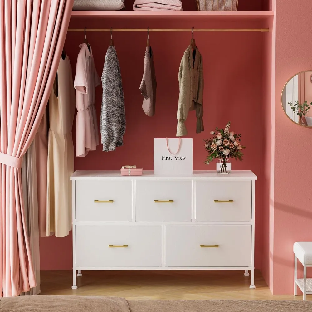 

Dresser for Bedroom with 5 Drawers, White Dresser for Closet, Living Room, TV Stand, Nursery, Chest of Drawers with Sturdy Steel