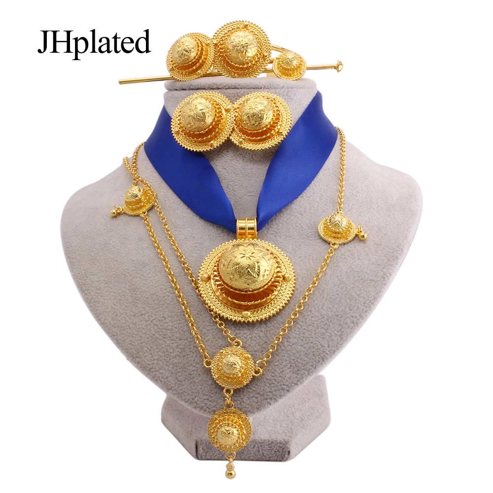 Luxury Gold color bridal Jewelry sets for women Ethiopian red rope pendant Hairpin necklace earrings bracelet ring wedding gift