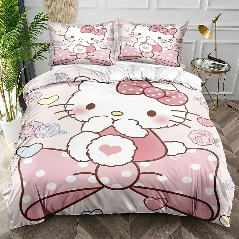 Sanrio Duvet Cover Set Hello Kitty Bedding Set Cartoon Cinnamoroll Quilt Cover Pillow Cover Bedroom Decor Twin Queen King Size