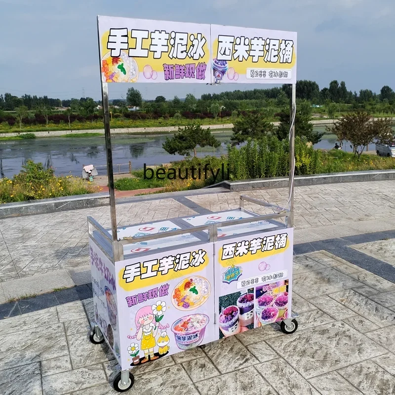 

A50 Stall trolley foldable sausage ice powder, mobile hand push stainless steel dining cart out of the stall, shelf