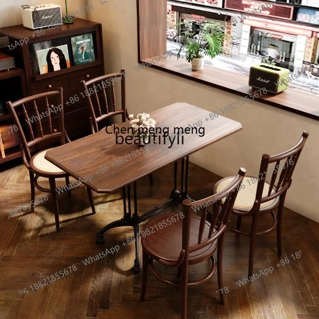 E153 Vintage Solid Wood Cafe Table and Chairs Dessert Shop Chairs Integrated Western Restaurant Dining Table and Chair Set