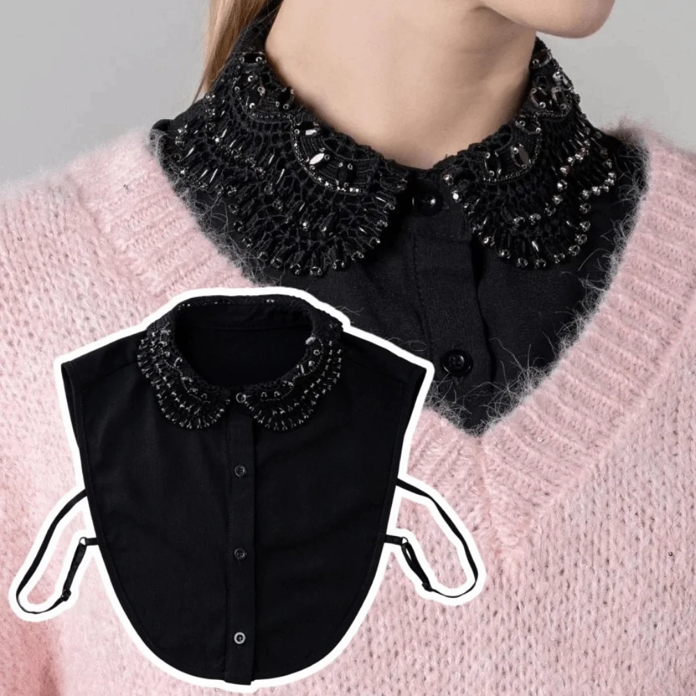 Rhinestones Shiny Fake Collar Elegant Lace Design Detachable Collar White Color Handmade Beads False Collar Ladies Fashion