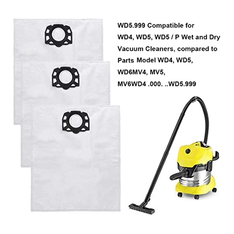 12 Vacuum Cleaner Bags + 1 Flat Pleated Filter For Karcher WD4, WD5 And WD6 Wet & Dry Multi-Purpose Vacuum Cleaner