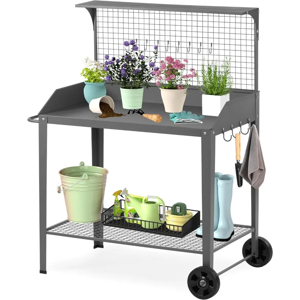 

Metal Potting Bench with Wheels, Heavy Duty Garden Workbench Table with Storage Shelf (Dark Gray, 52.8x36.6)