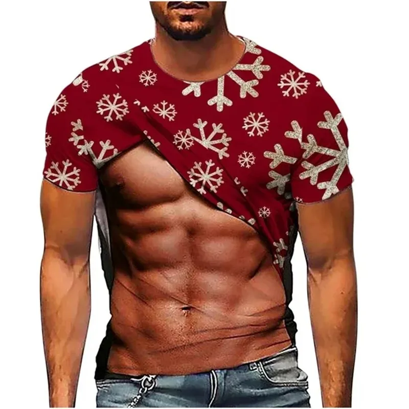 New Man Christmas And New Year Funny 3d Printed Round Neck Short Sleeve T-Shirt Street Personality Loose Fashion Plus Size Top
