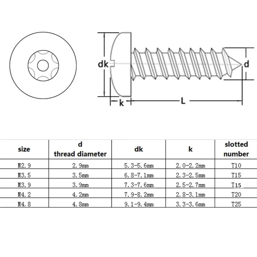 M2.9 M3.5 M3.9 M4.8 304 Stainless Steel Pin Six Petal Torx Pan Head Anti-theft Safety Self Tapping Wood Screw