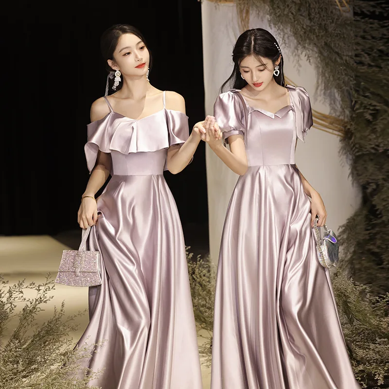 Purple Bridesmaid Dress Satin New Spring High-Grade Wedding Group Slimming Women's Evening