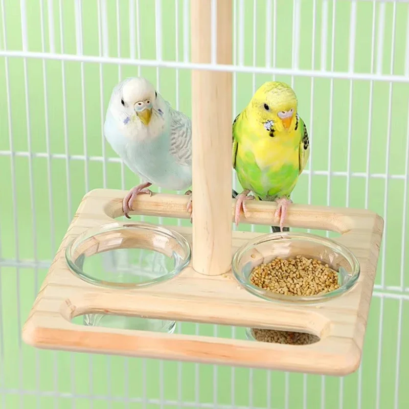 Natural Wooden Parrot Hanging Feeder Food Water Bowls With Perch For Cockatiels Easy To Install Bird Cage Accessory